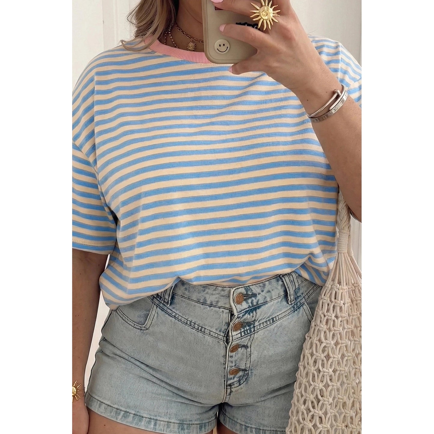 Quinly Sky Blue Stripe Plus Size Drop Shoulder Contrast Trim Round Neck Tee