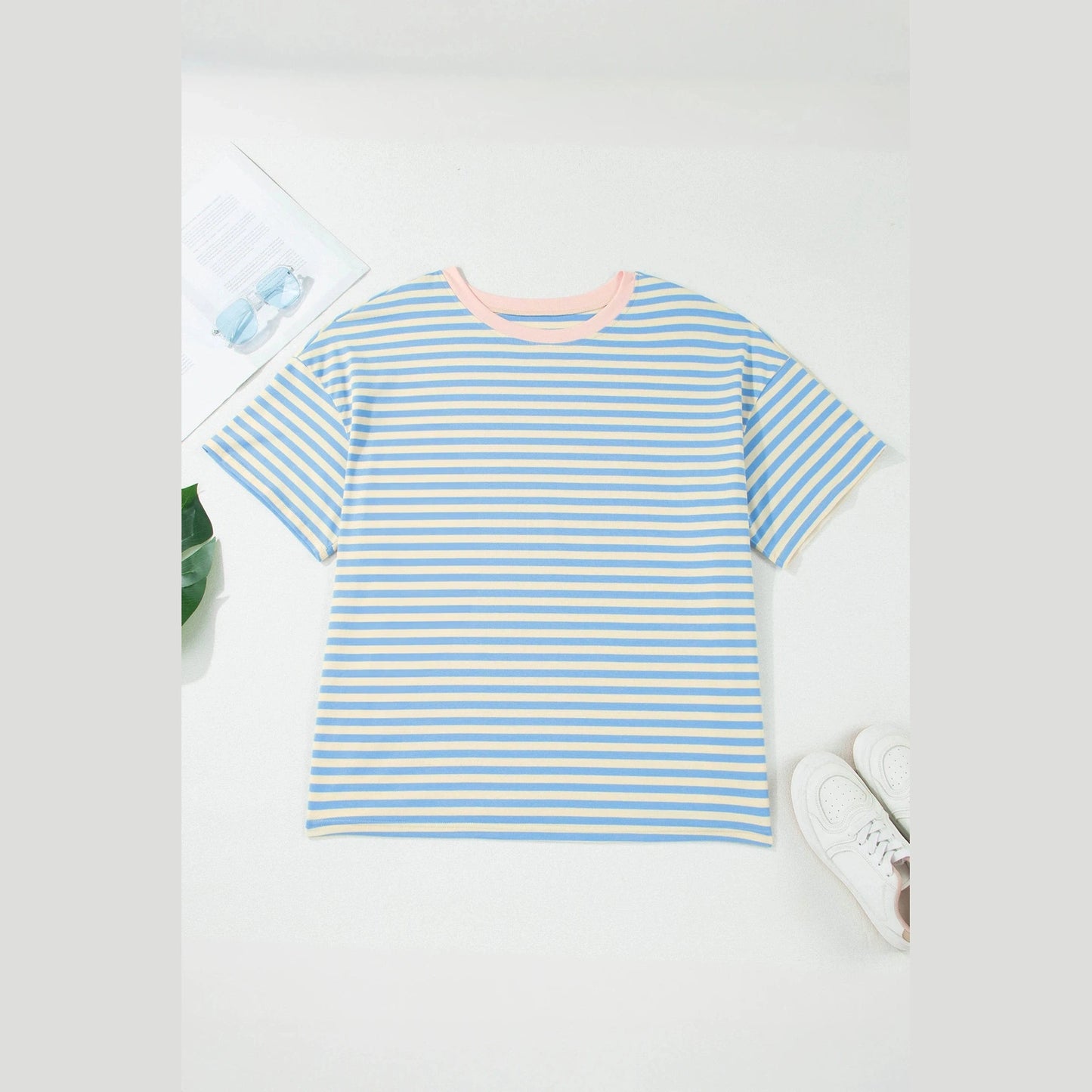 Quinly Sky Blue Stripe Plus Size Drop Shoulder Contrast Trim Round Neck Tee
