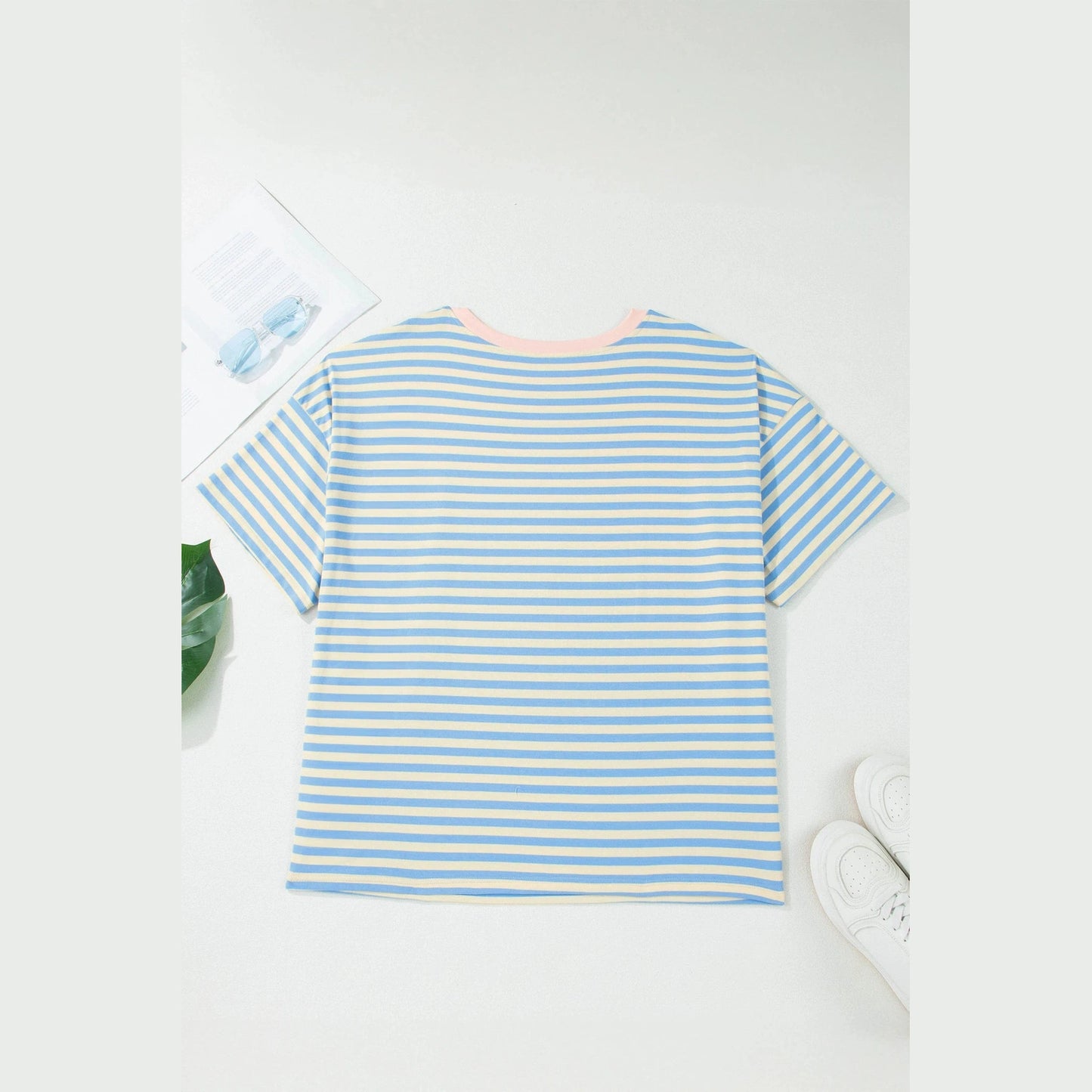 Quinly Sky Blue Stripe Plus Size Drop Shoulder Contrast Trim Round Neck Tee
