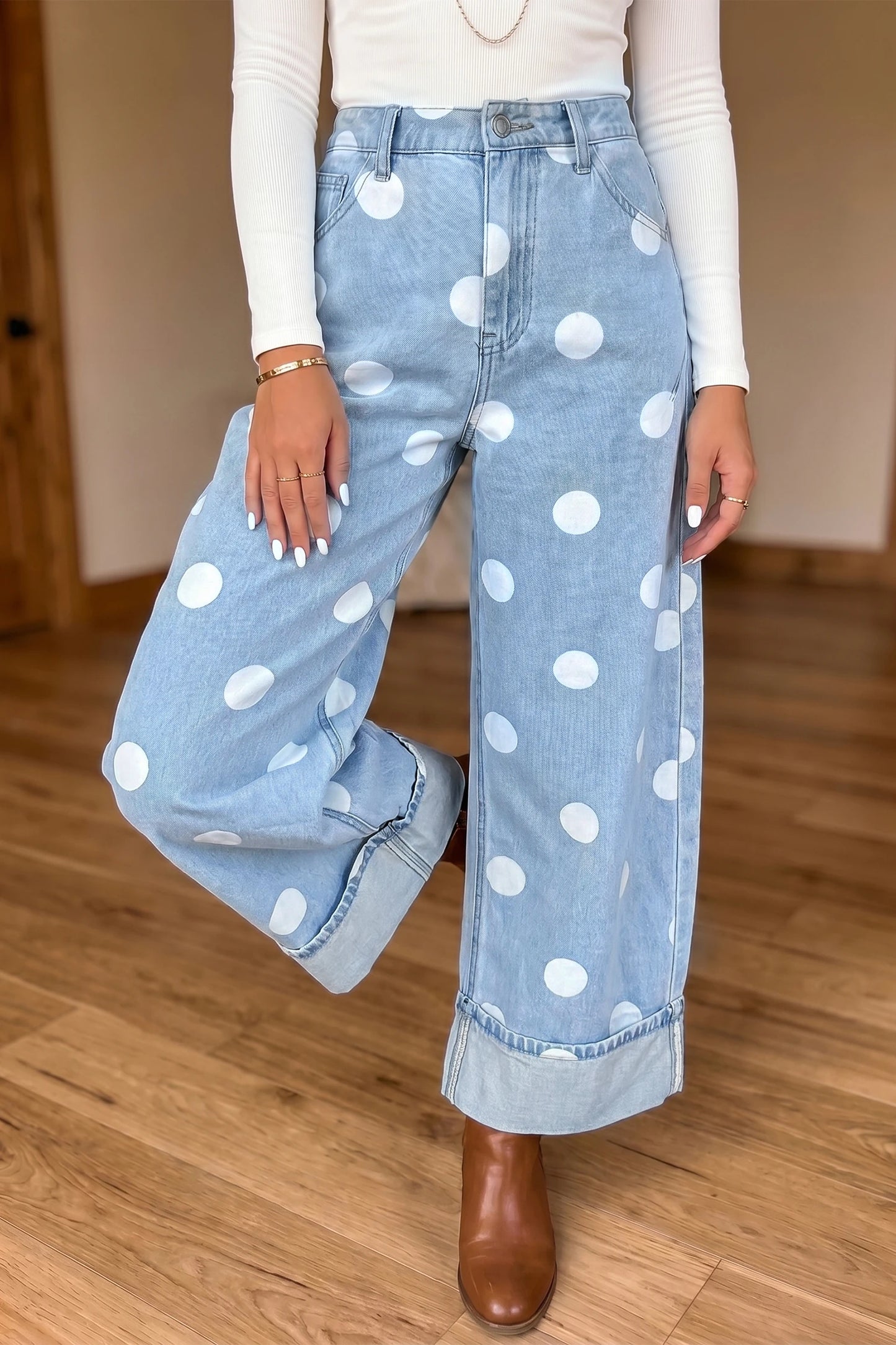 Quinly Sky Blue Polka Dot Ankle-Length Metal Button Casual Jean
