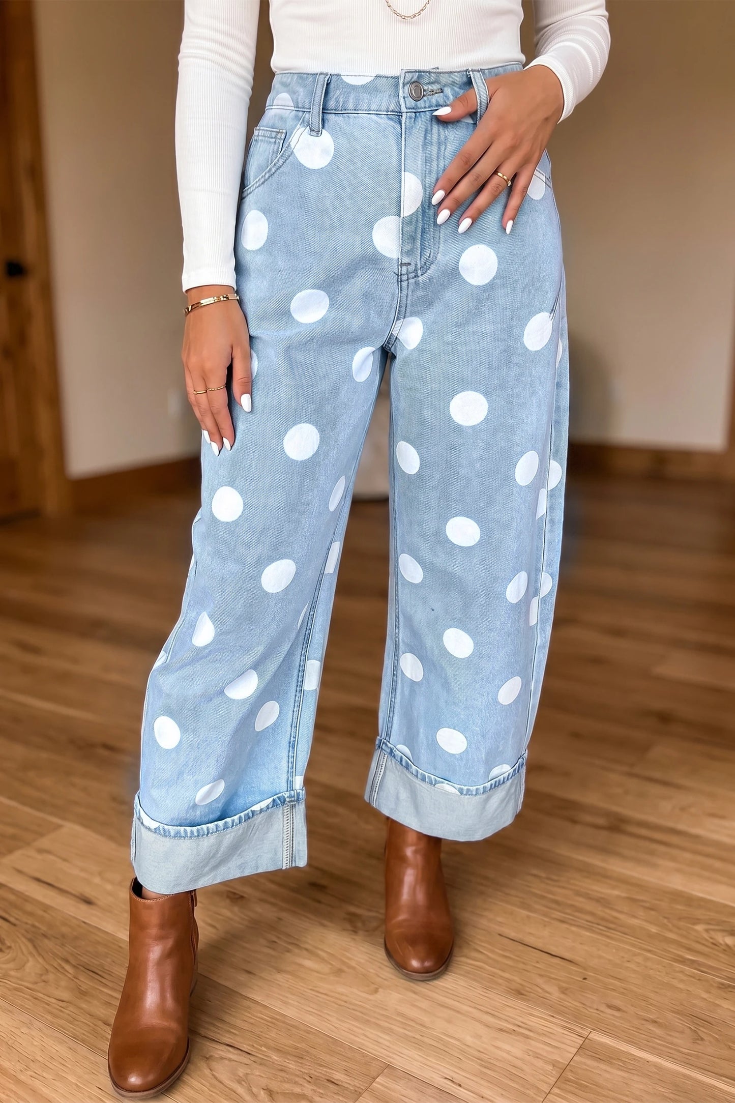 Quinly Sky Blue Polka Dot Ankle-Length Metal Button Casual Jean