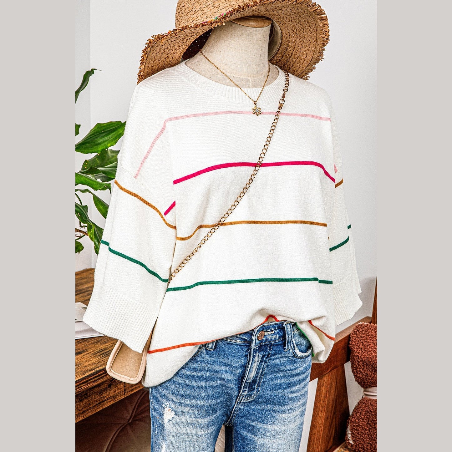 Quinna White Colorblock Striped Half Sleeve Drop Shoulder Sweater