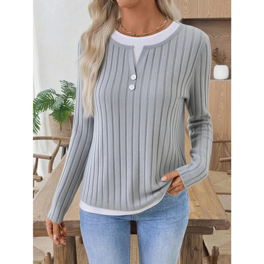 Rachael Grey Ribbed Knit Button Detail Contrast Top