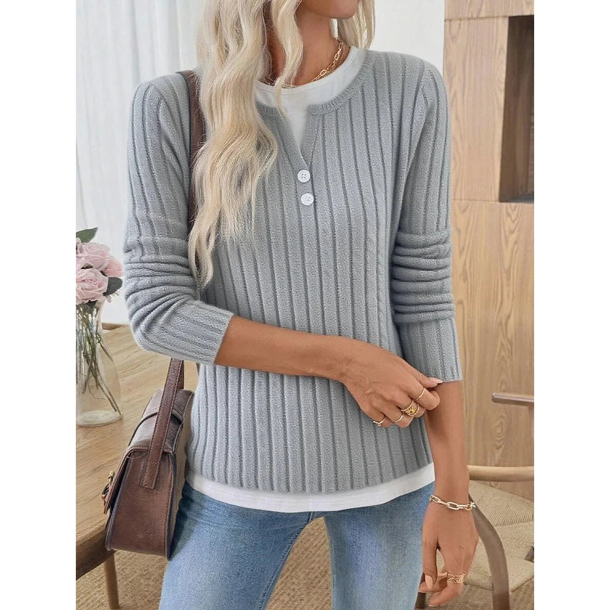 Rachael Grey Ribbed Knit Button Detail Contrast Top