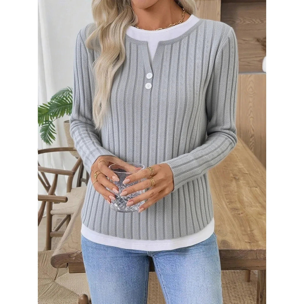 Rachael Grey Ribbed Knit Button Detail Contrast Top
