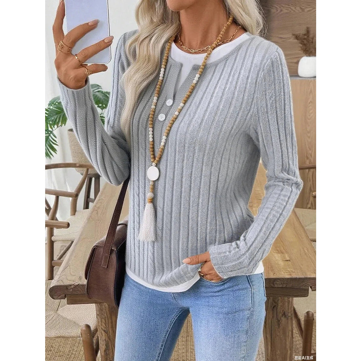 Rachael Grey Ribbed Knit Button Detail Contrast Top