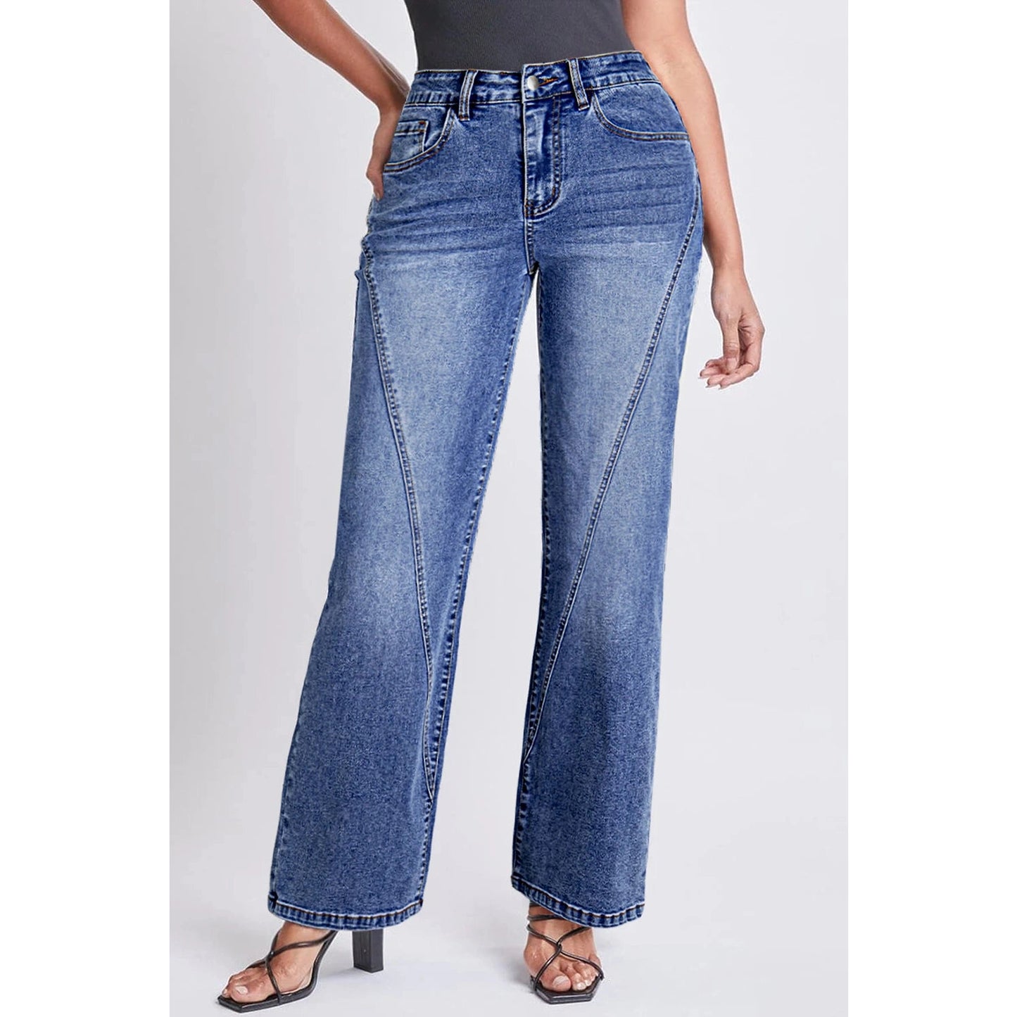 Romee Dark Blue Trendy Seam Detail Straight Leg Jeans