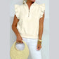 Riley Beige Zipped up Collared Ruffled Short Sleeve Blouse