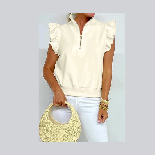 Riley Beige Zipped up Collared Ruffled Short Sleeve Blouse