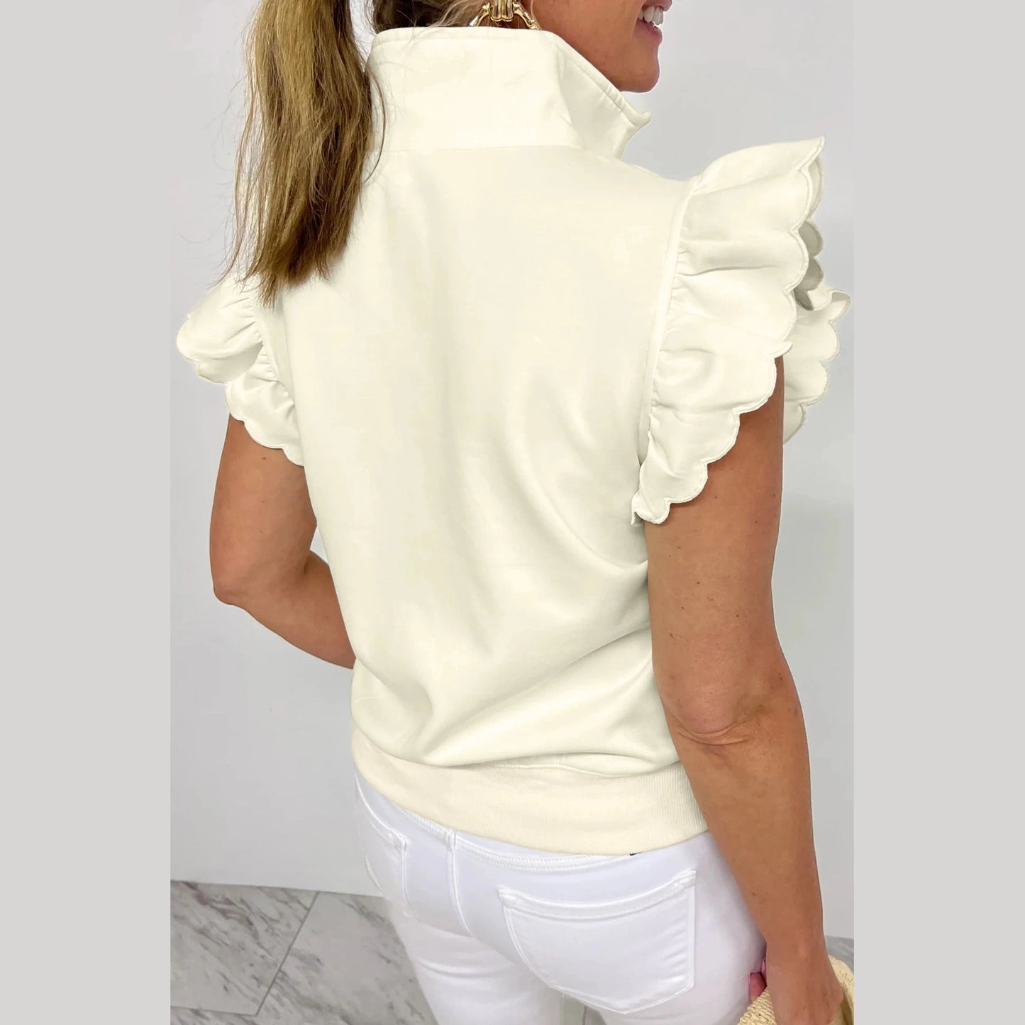 Riley Beige Zipped up Collared Ruffled Short Sleeve Blouse