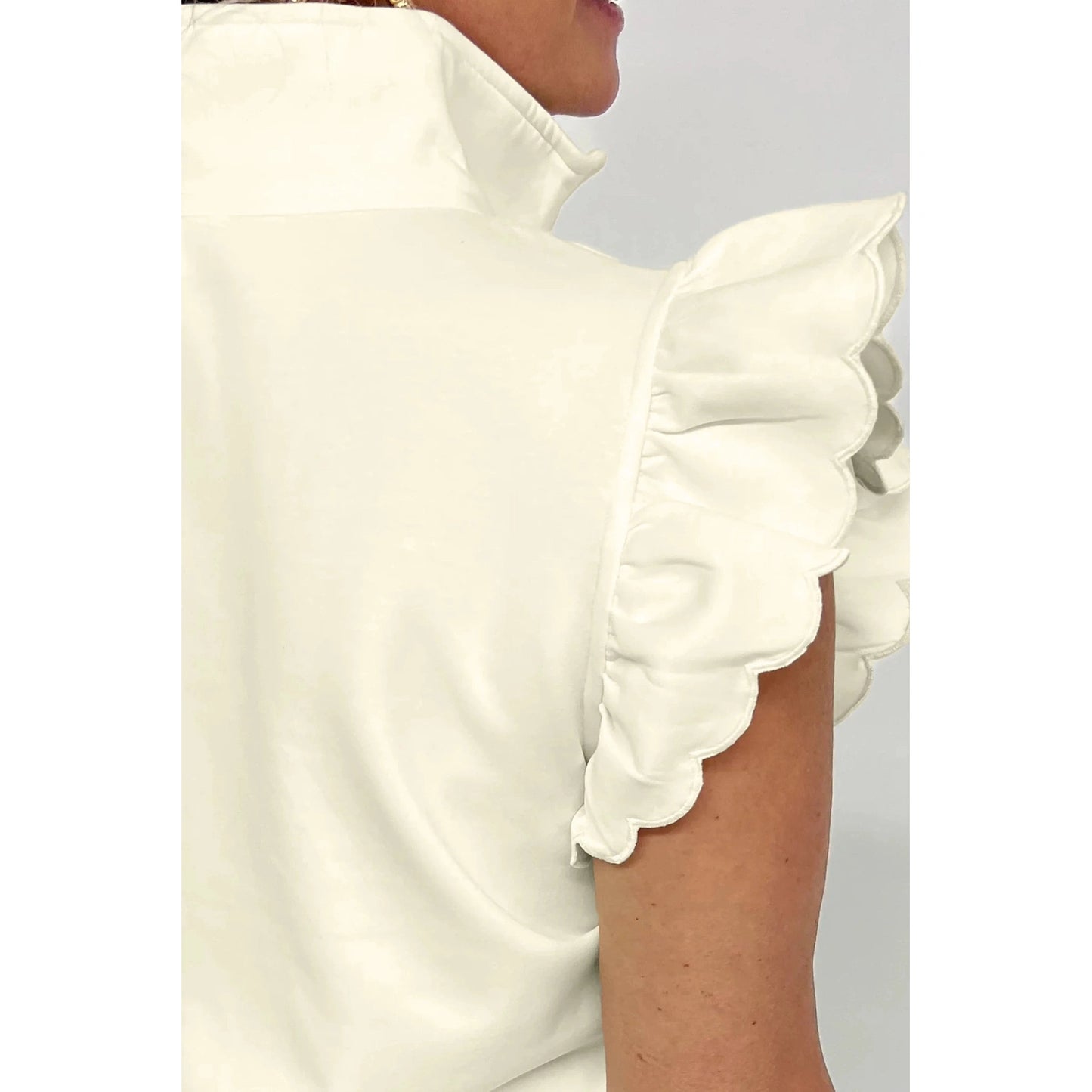 Riley Beige Zipped up Collared Ruffled Short Sleeve Blouse