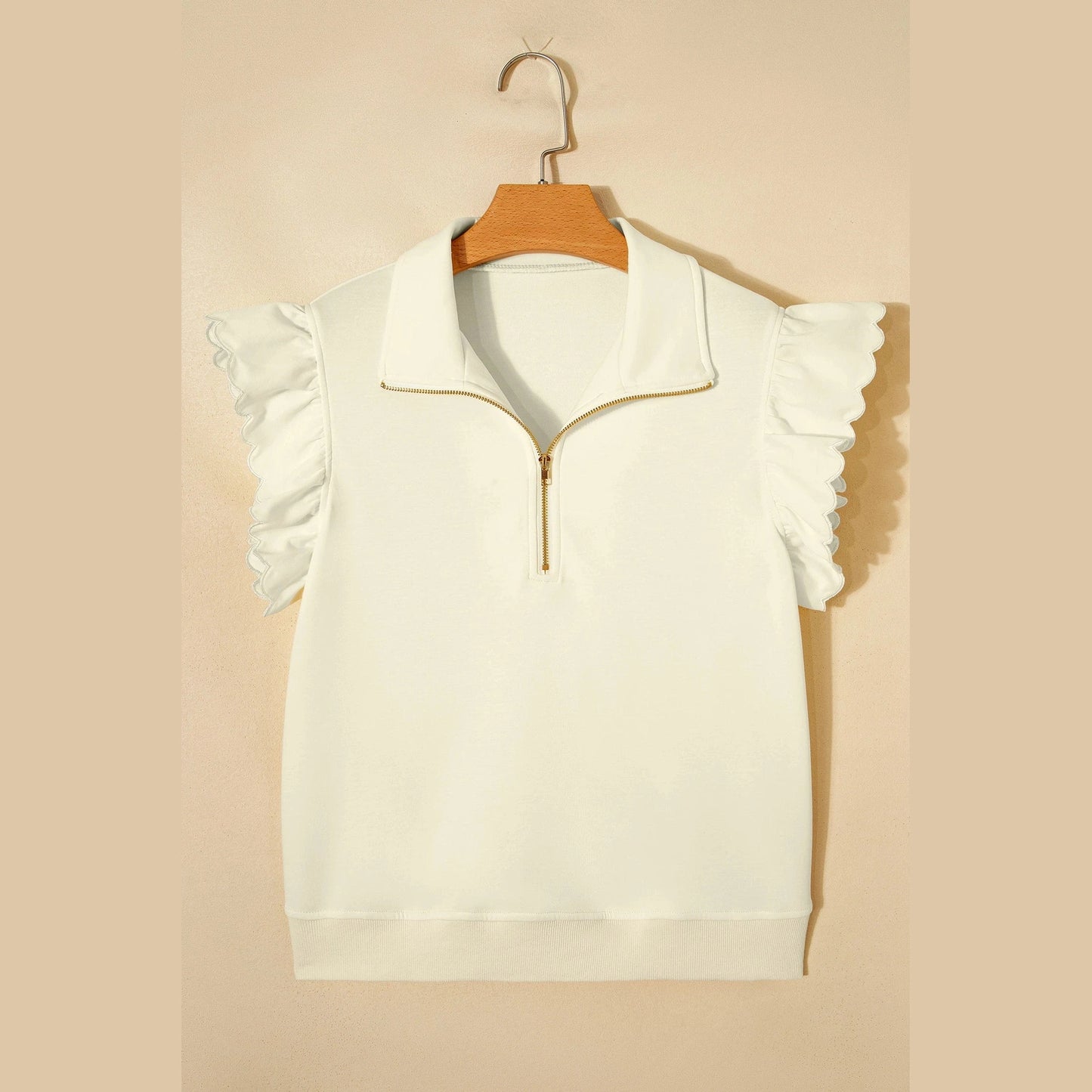 Riley Beige Zipped up Collared Ruffled Short Sleeve Blouse