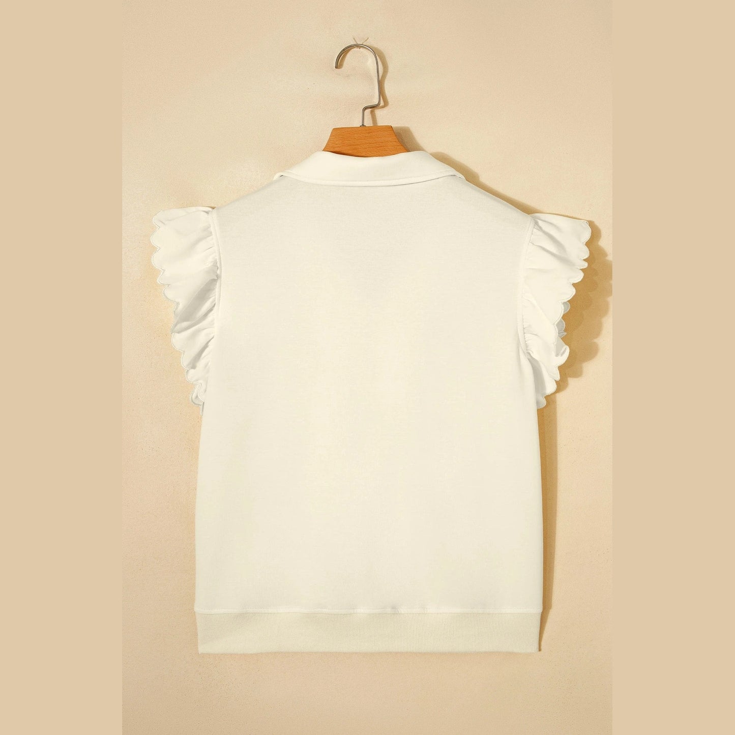 Riley Beige Zipped up Collared Ruffled Short Sleeve Blouse