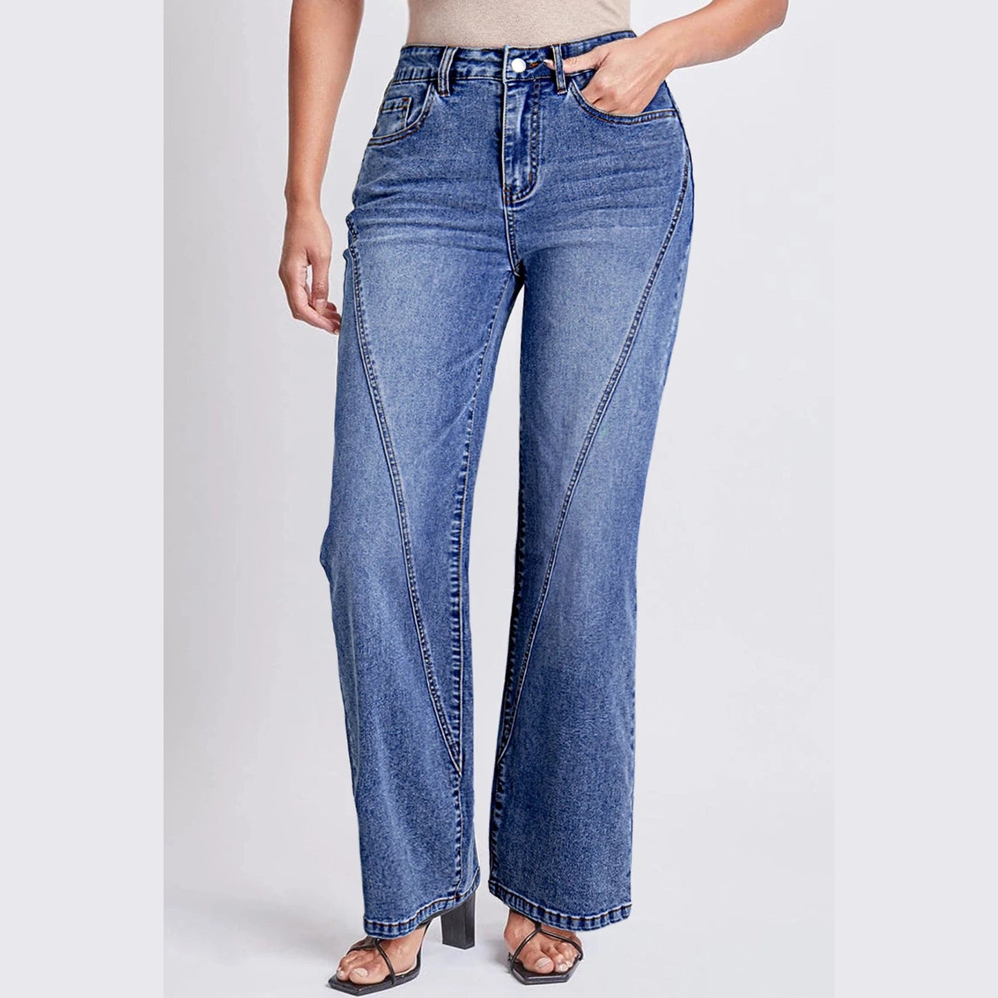 Romee Dark Blue Trendy Seam Detail Straight Leg Jeans