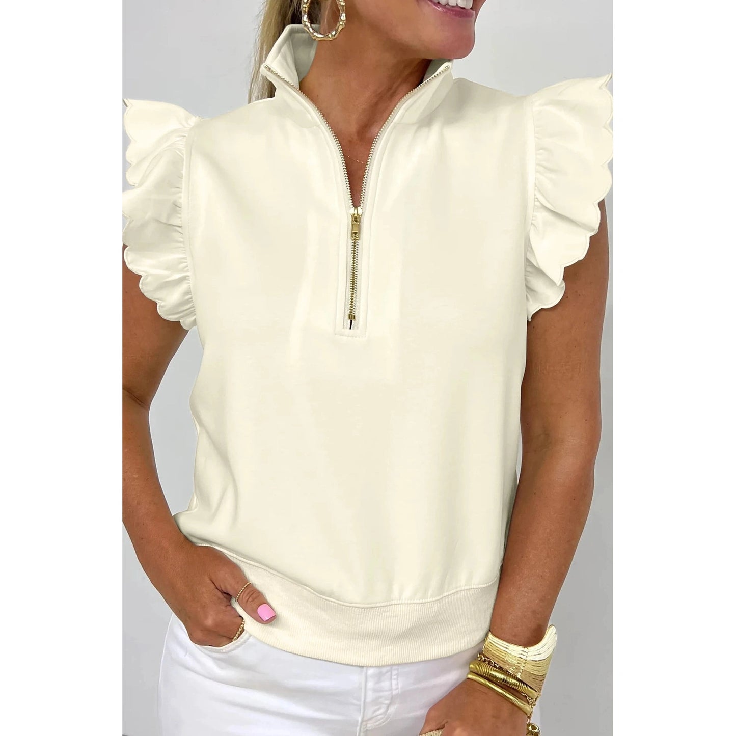 Riley Beige Zipped up Collared Ruffled Short Sleeve Blouse