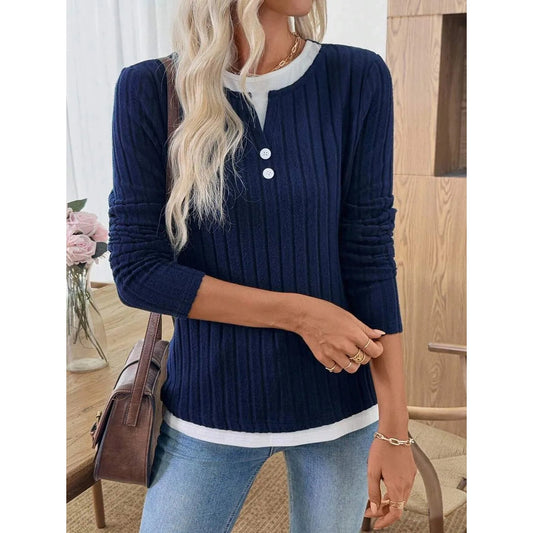 Rachael Blue Ribbed Knit Button Detail Contrast Top