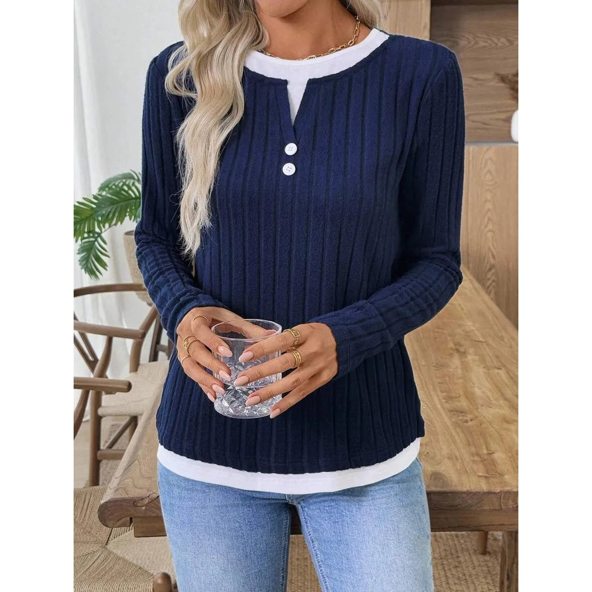 Rachael Blue Ribbed Knit Button Detail Contrast Top