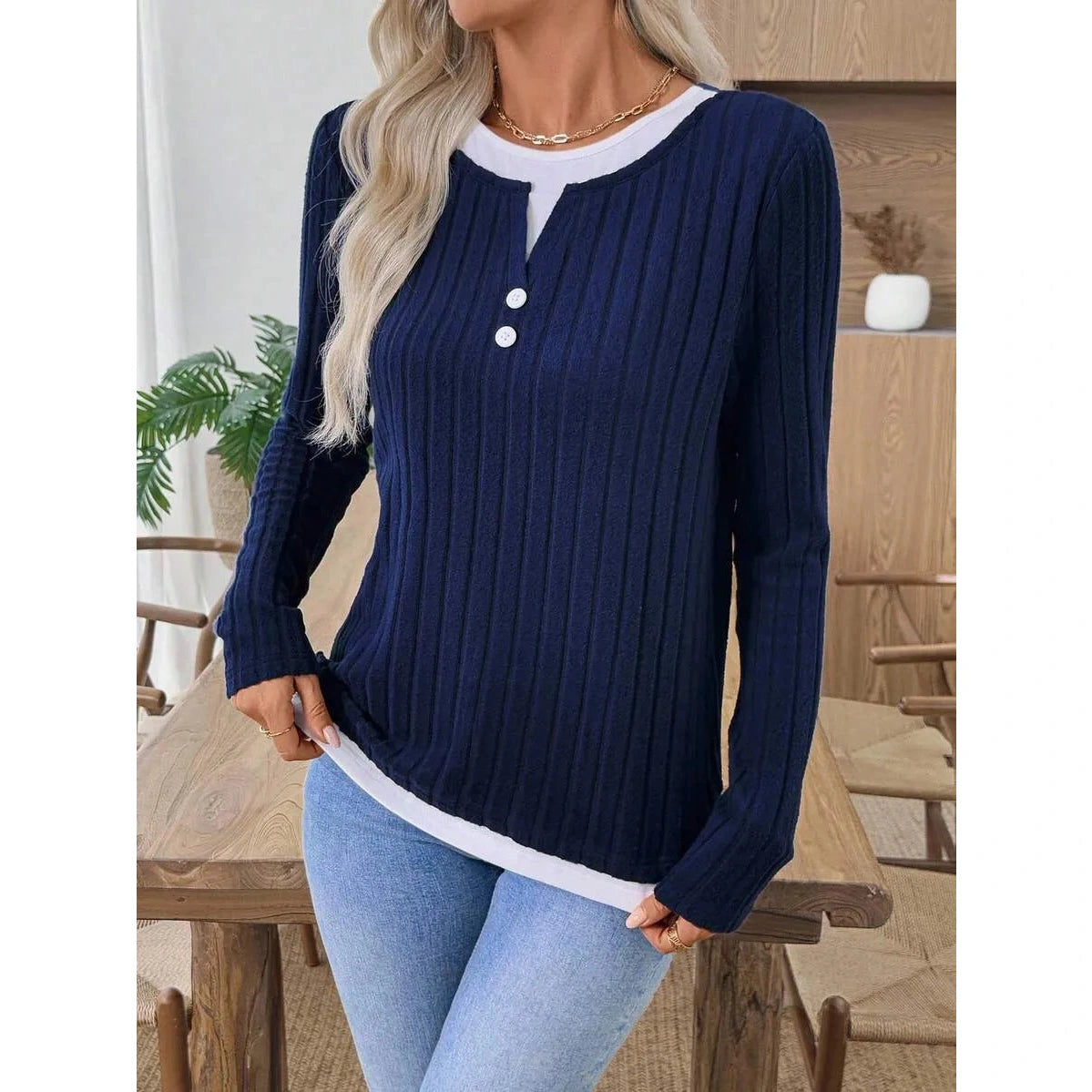 Rachael Blue Ribbed Knit Button Detail Contrast Top