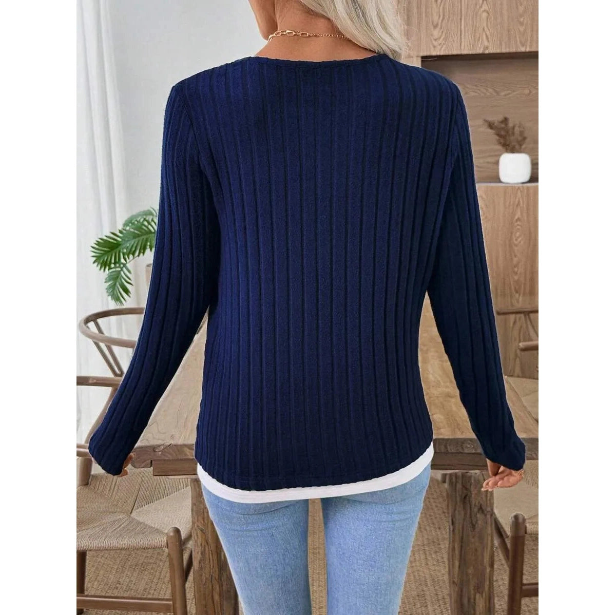 Rachael Blue Ribbed Knit Button Detail Contrast Top