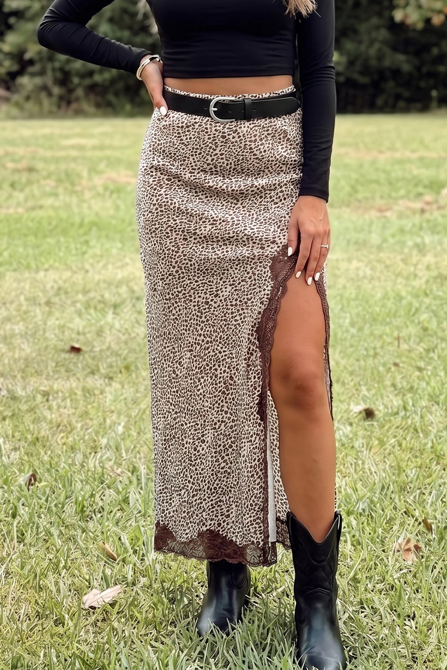 Rach Brown Cheetah Print Trim Split Long Western Skirt
