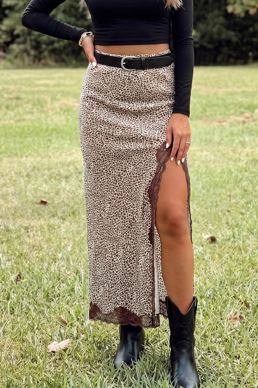 Rach Brown Cheetah Print Trim Split Long Western Skirt