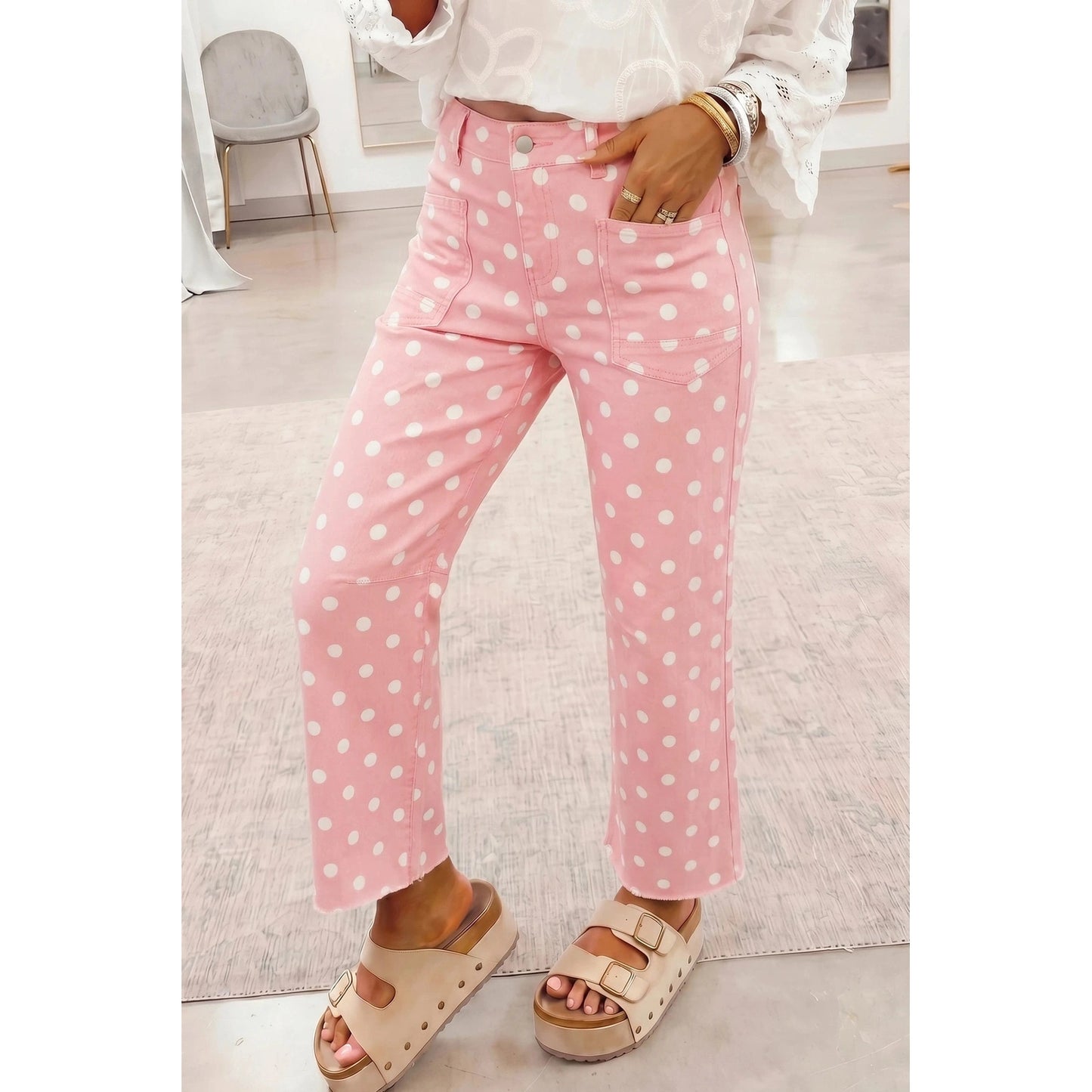 Rachel Pink Polka Dot Casual Slim Fit Jeans