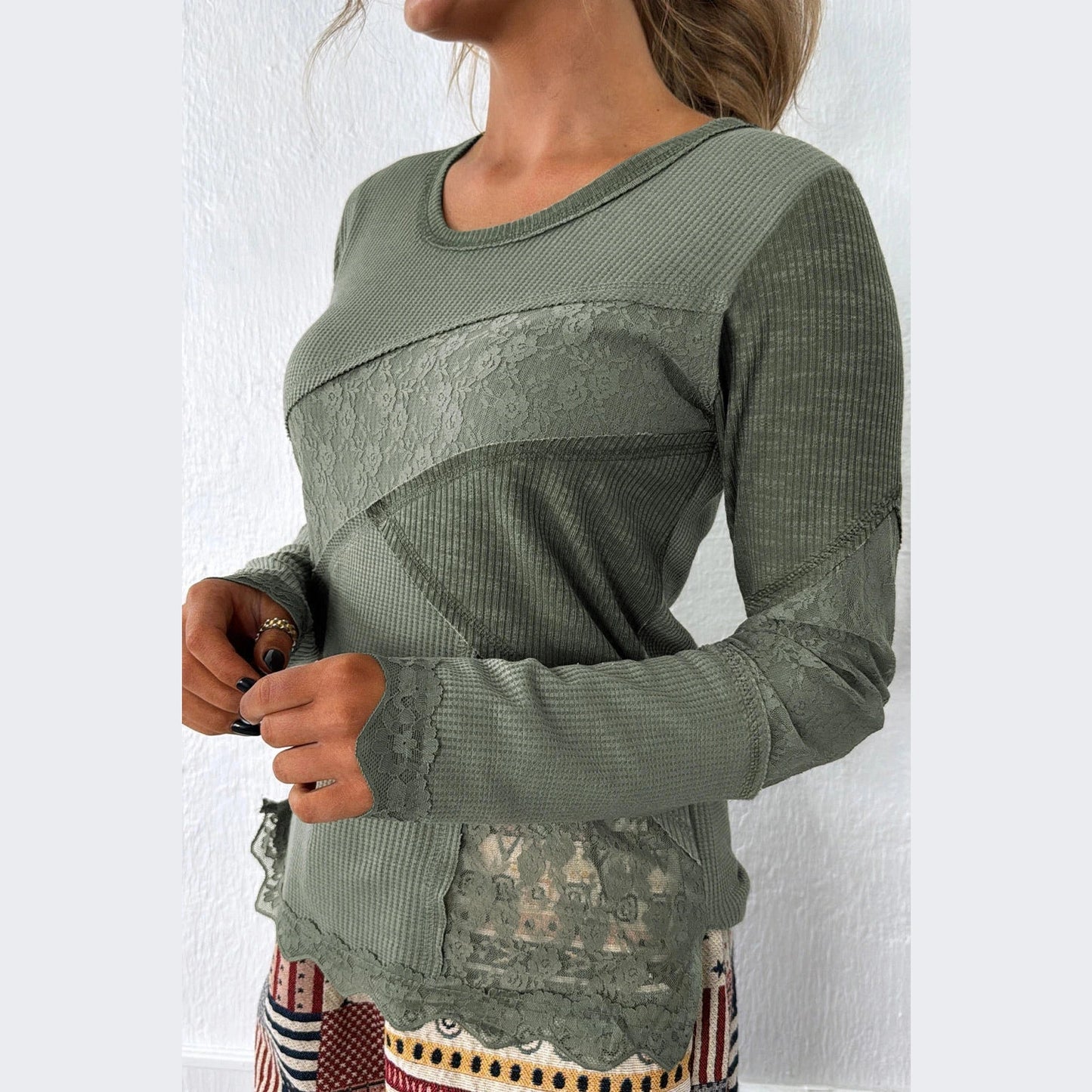 Ragda Sage Green Waffle Ribbed Lace Patchwork Long Sleeve Top