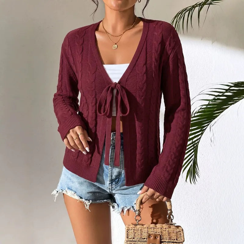 Raine Maroon Cable‑Knit Tie Cardigan