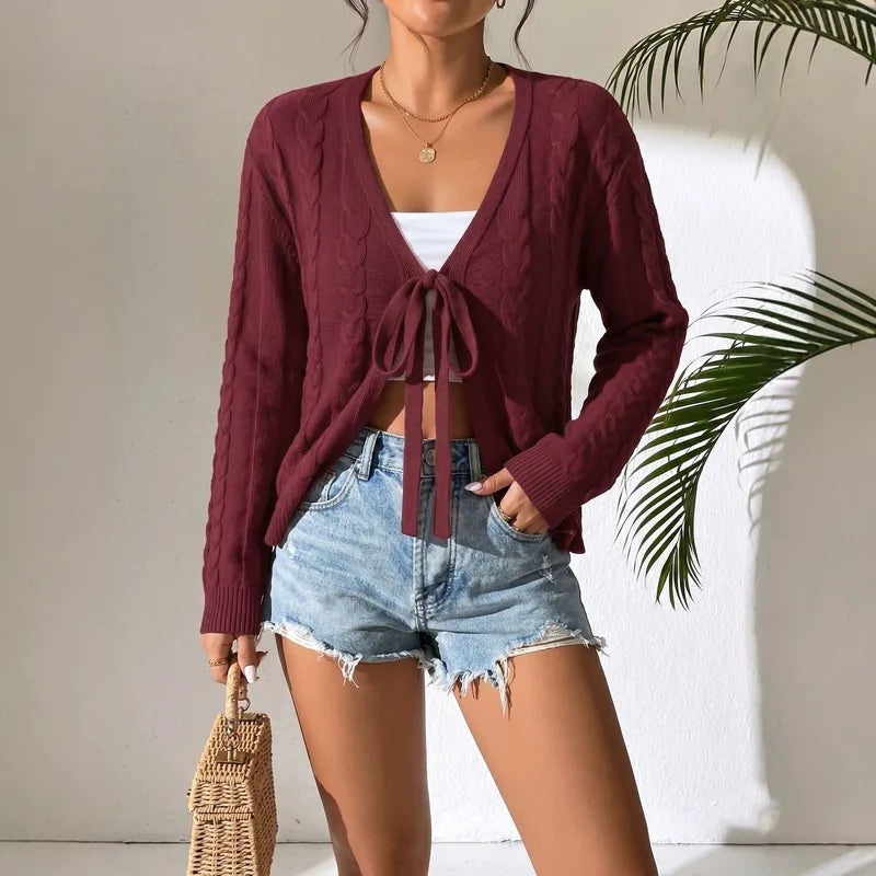 Raine Maroon Cable‑Knit Tie Cardigan