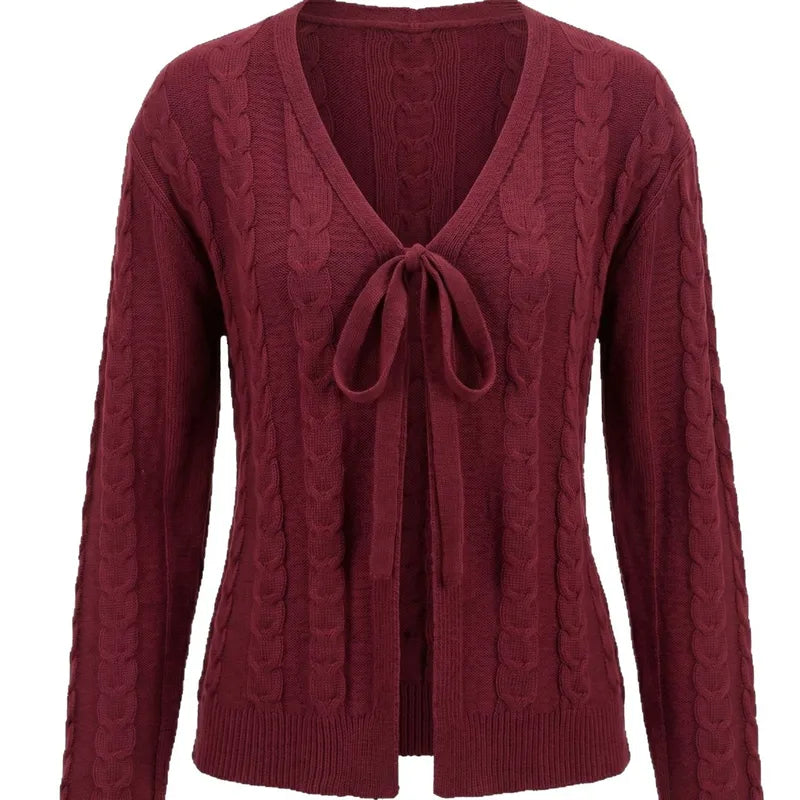 Raine Maroon Cable‑Knit Tie Cardigan