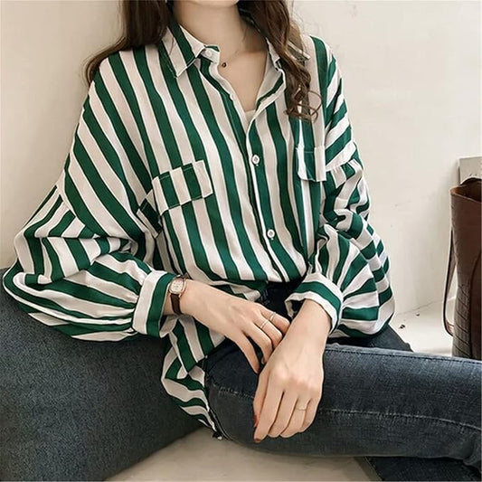 Ramona Green Striped Pocket Button Up Blouse