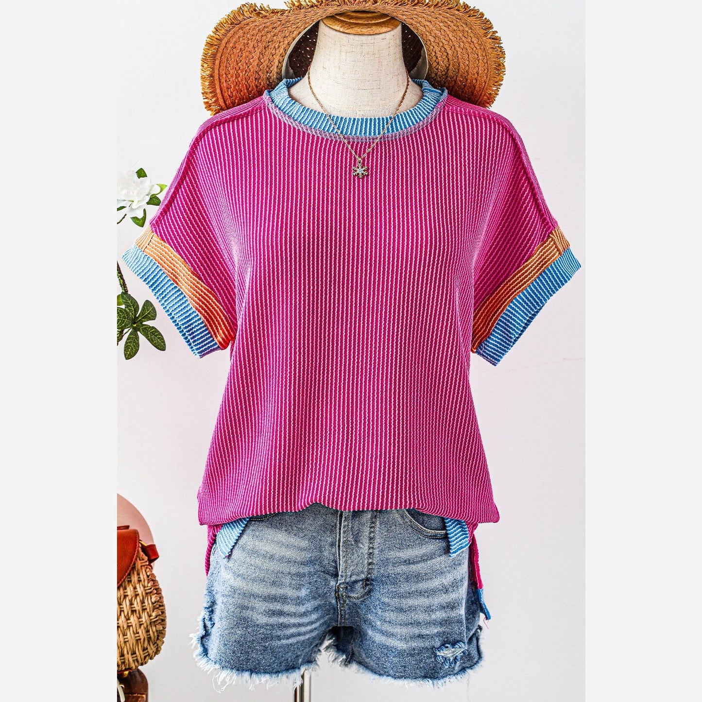 Randi Bright Pink Textured Contrast Trim Round Neck T Shirt