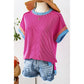 Randi Bright Pink Textured Contrast Trim Round Neck T Shirt