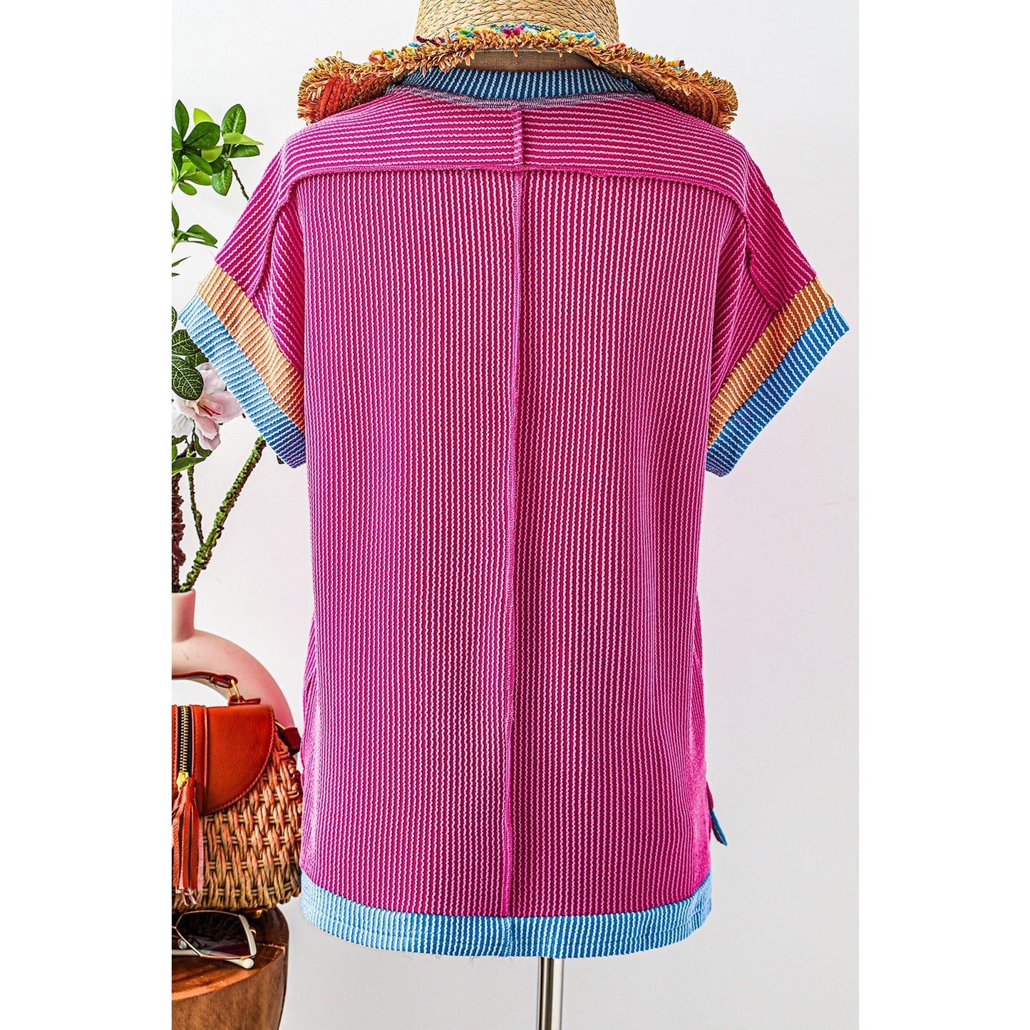 Randi Bright Pink Textured Contrast Trim Round Neck T Shirt