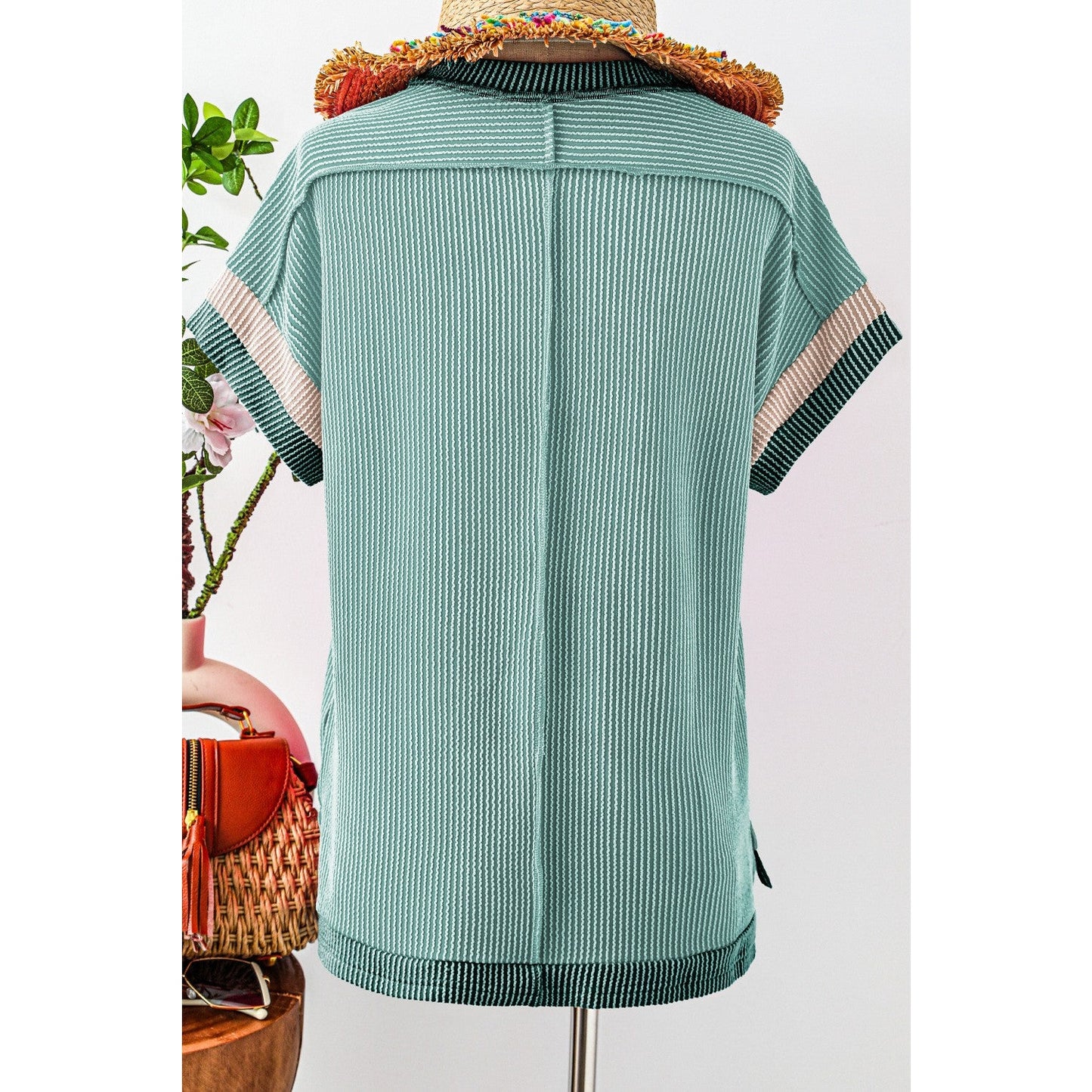 Randi Grass Green Textured Contrast Trim Round Neck T Shirt