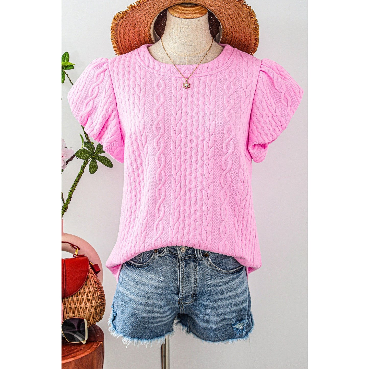 Rashell Pink Textured Puff Sleeve T Shirt