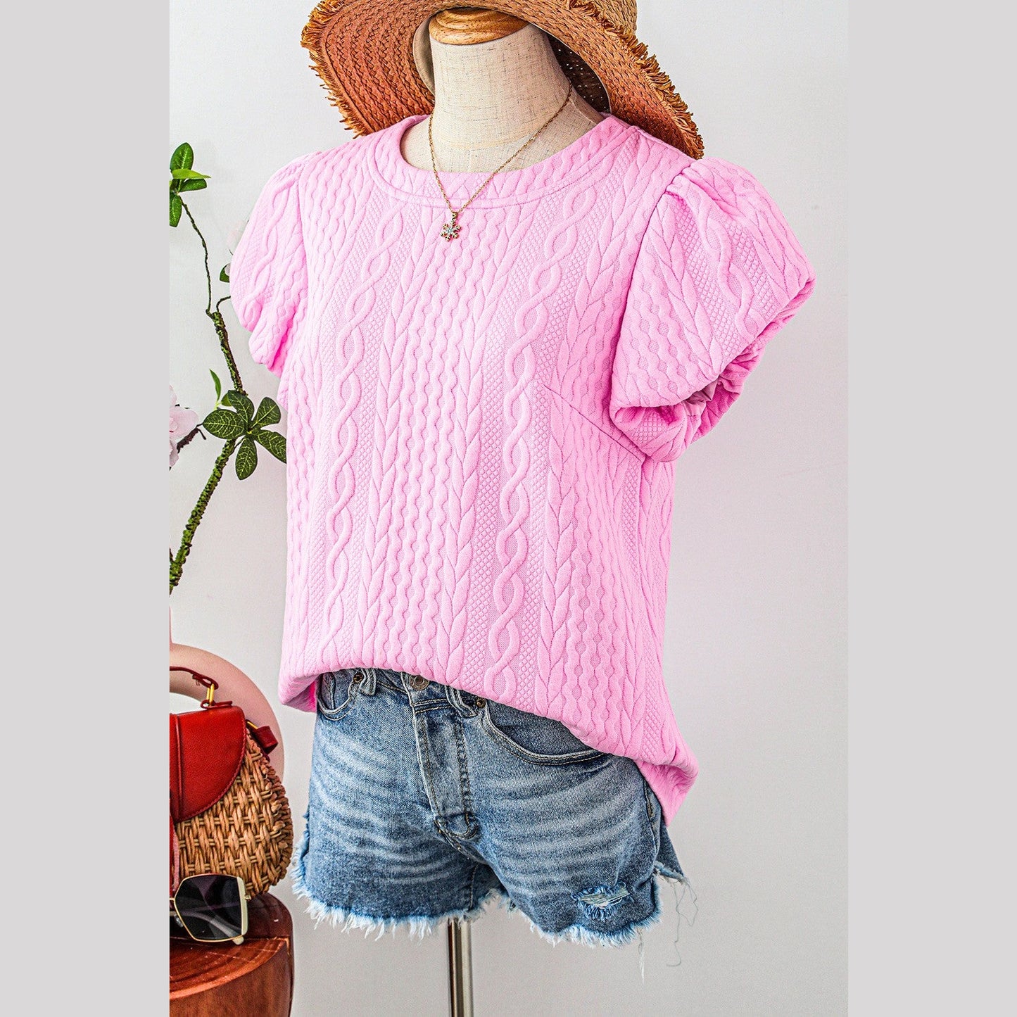 Rashell Pink Textured Puff Sleeve T Shirt