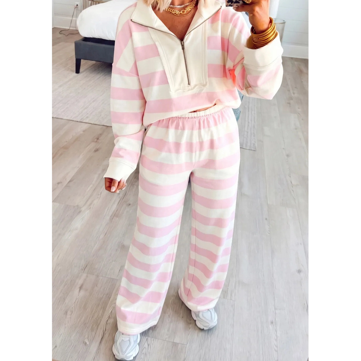 Ravyn Pink Stripe Color Block Patchwork Zip Long Sleeve Top Elastic Waist Pants Set