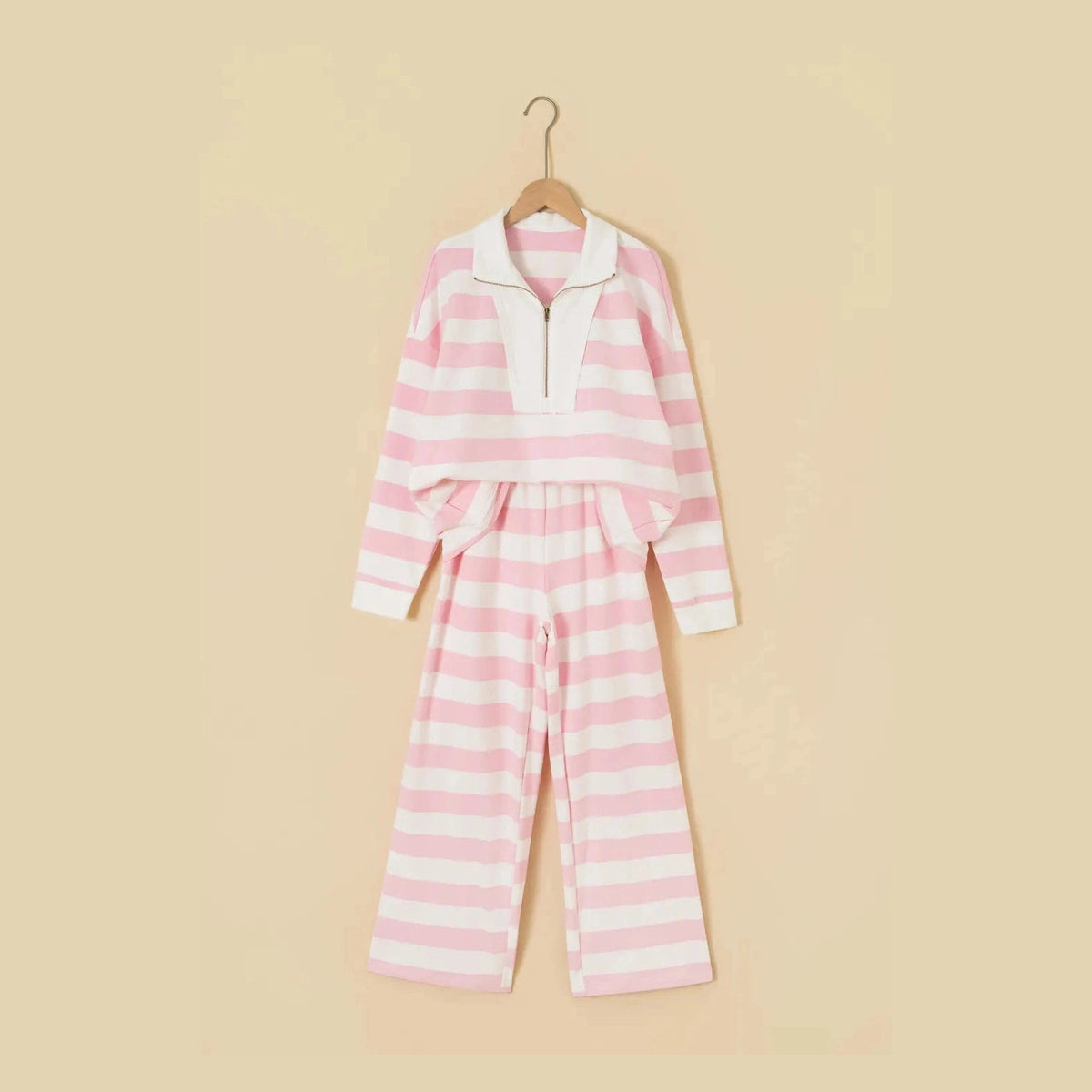 Ravyn Pink Stripe Color Block Patchwork Zip Long Sleeve Top Elastic Waist Pants Set