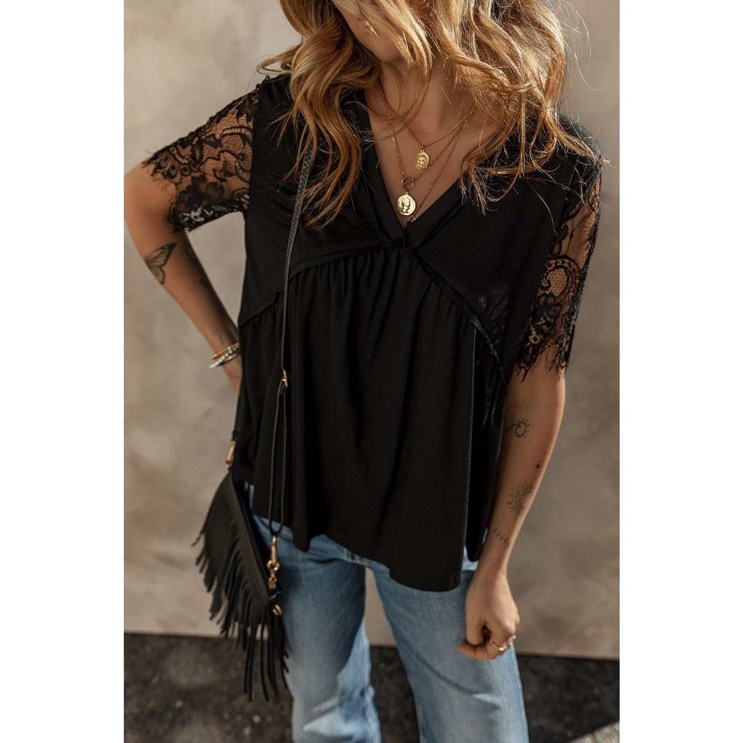 Raylene Black Eyelash Lace Sleeve V Neck Ruffle Babydoll Top