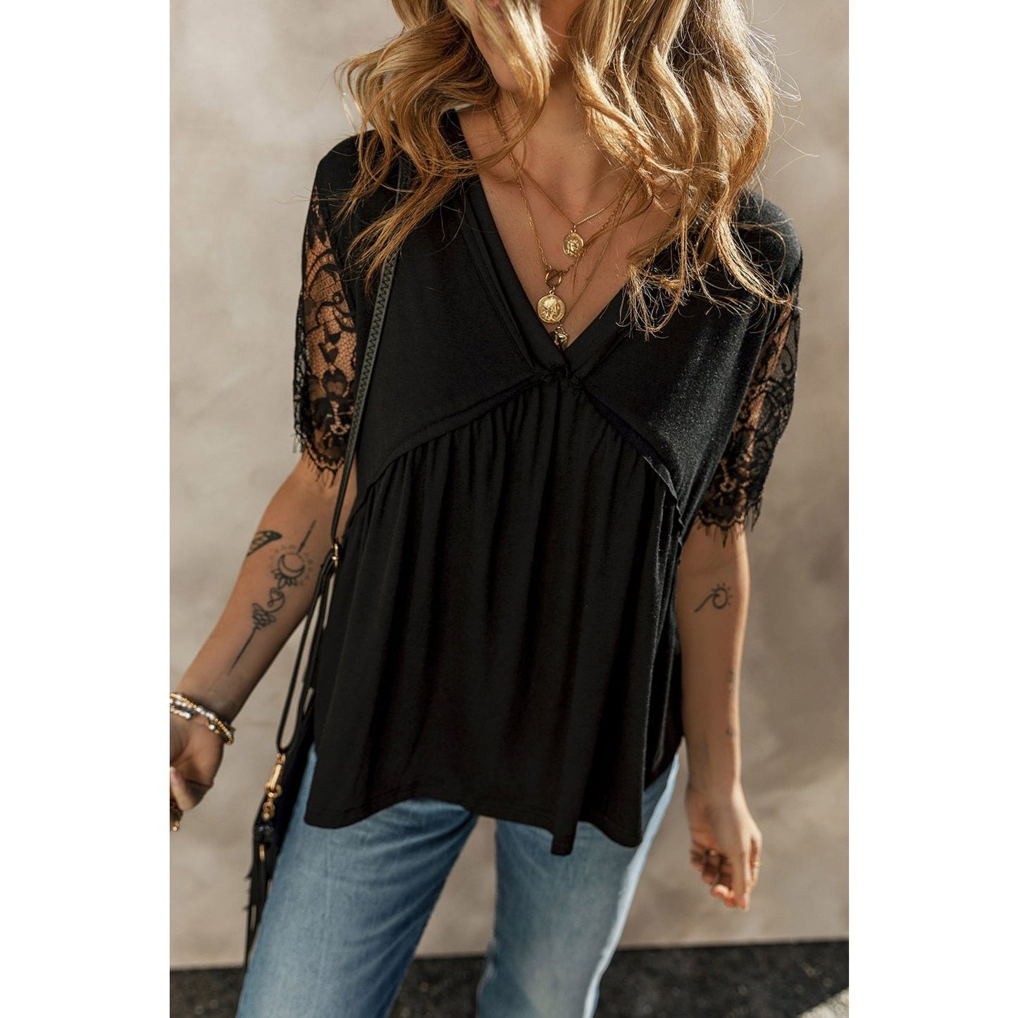 Raylene Black Eyelash Lace Sleeve V Neck Ruffle Babydoll Top