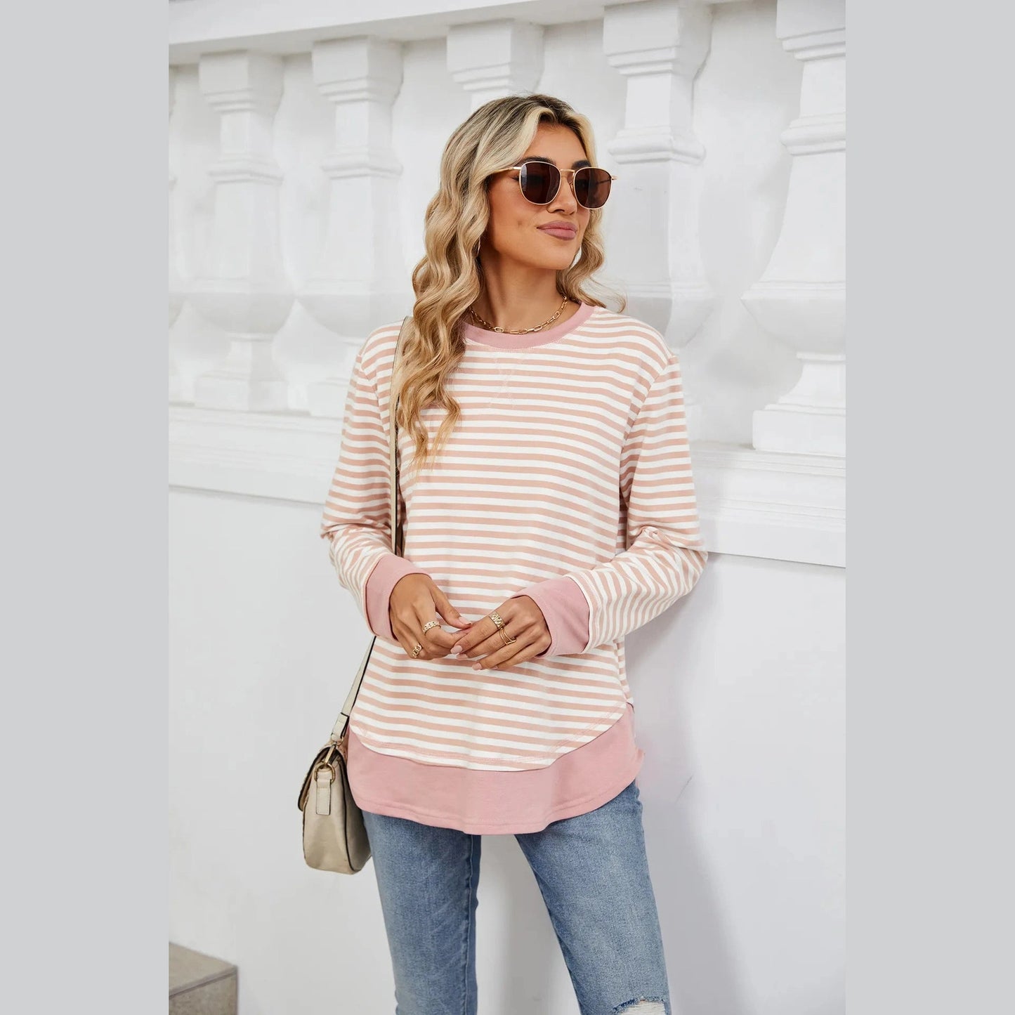 Raymi Pink Striped Round Neck Long Sleeve T-Shirt