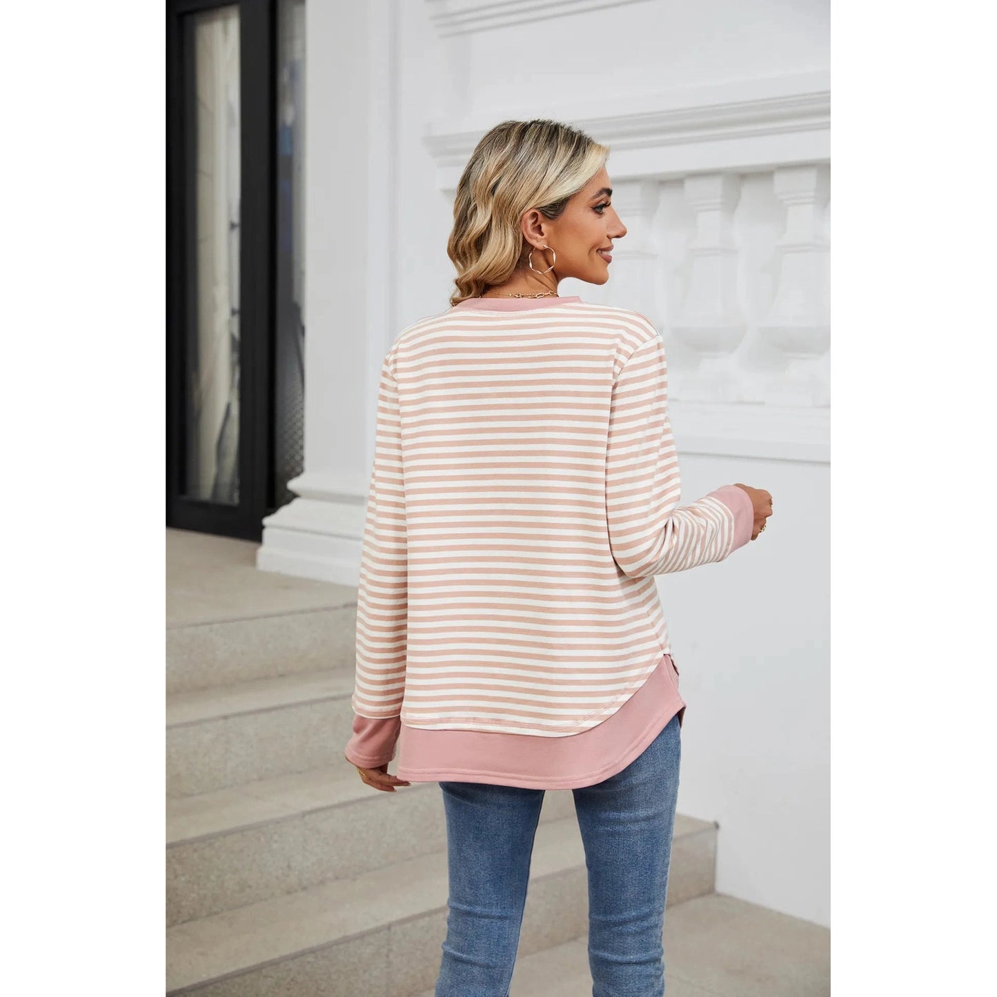 Raymi Pink Striped Round Neck Long Sleeve T-Shirt