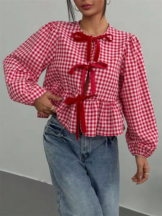 Danis Red Gingham Bow‑Front Peplum Blouse