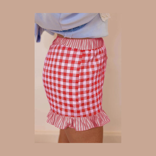 Ollie Red Gingham Print Ruffle Striped Detail Lace Tie Shorts