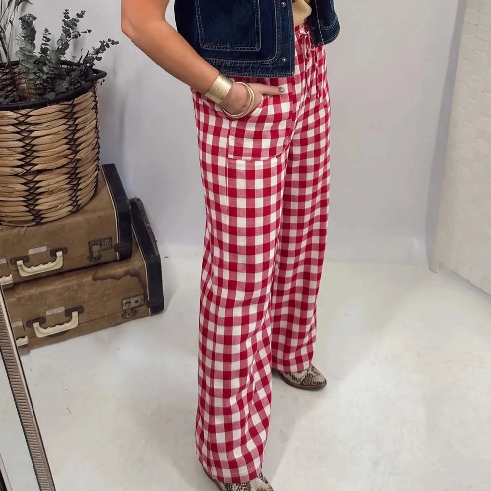 Cadence Red Gingham Plaid Tie Elastic Waist Shift Pants