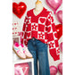 RTS Fiery Red V Neck Flower Heart Detail Checkered Knit Loose Sweater