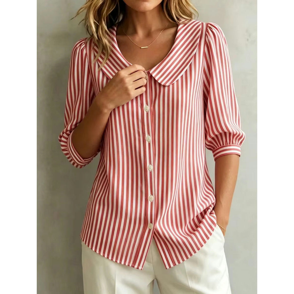 Gwanna Red Mid Sleeve Striped Collar Button Blouse