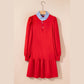 RTS Fiery Red Contrast Striped Collar Patchwork Puff Sleeve Ruffle Hem Mini Dress