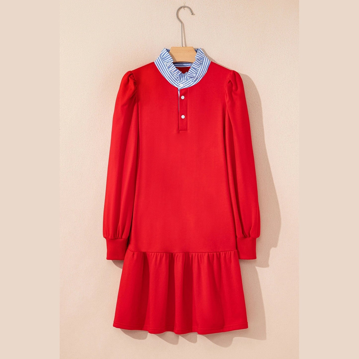 RTS Fiery Red Contrast Striped Collar Patchwork Puff Sleeve Ruffle Hem Mini Dress